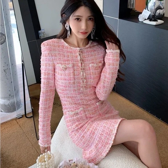 Pink and White Buttoned Sheath Dress for Work - Picture 3 of 6